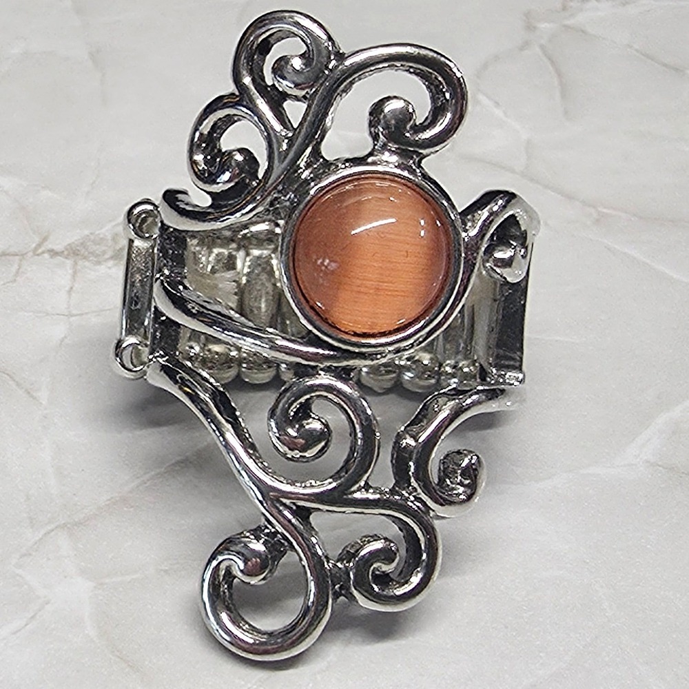 New Ring OS Orange Cat Eye SilverTone Scroll Filigree Stretchy Band Boho Jewelry